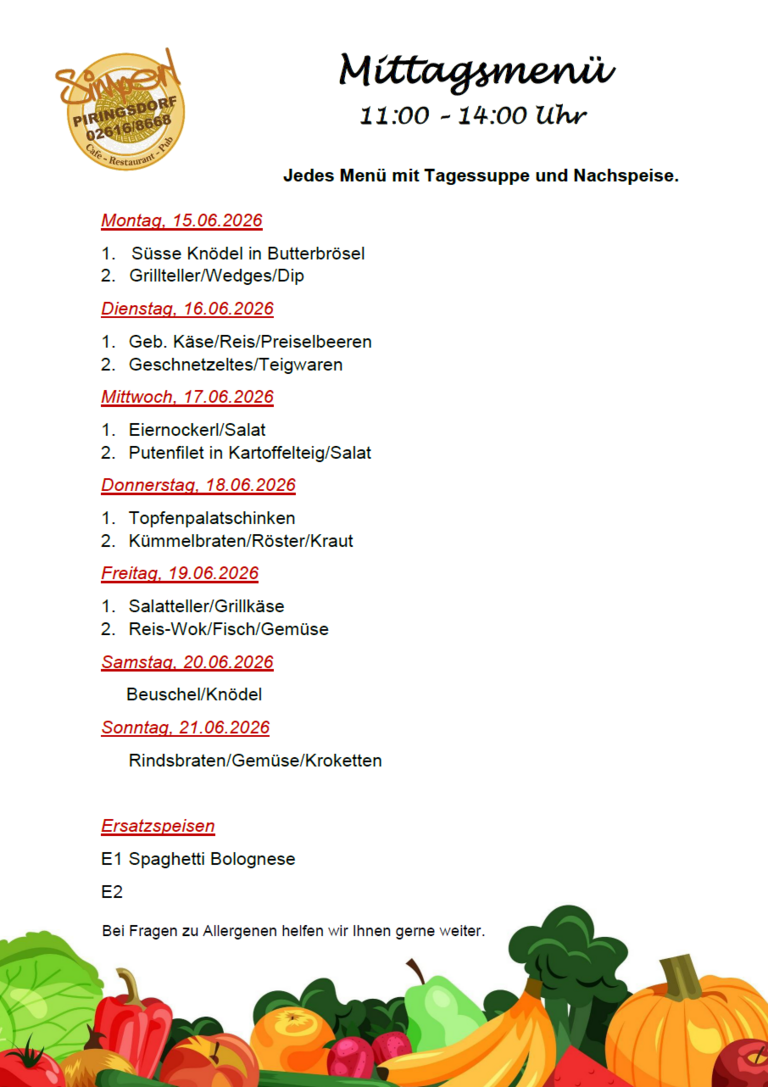 Wochenmenü 15.06. bis 21.06.2026 Wochenmenü 15.06. bis 21.06.2026