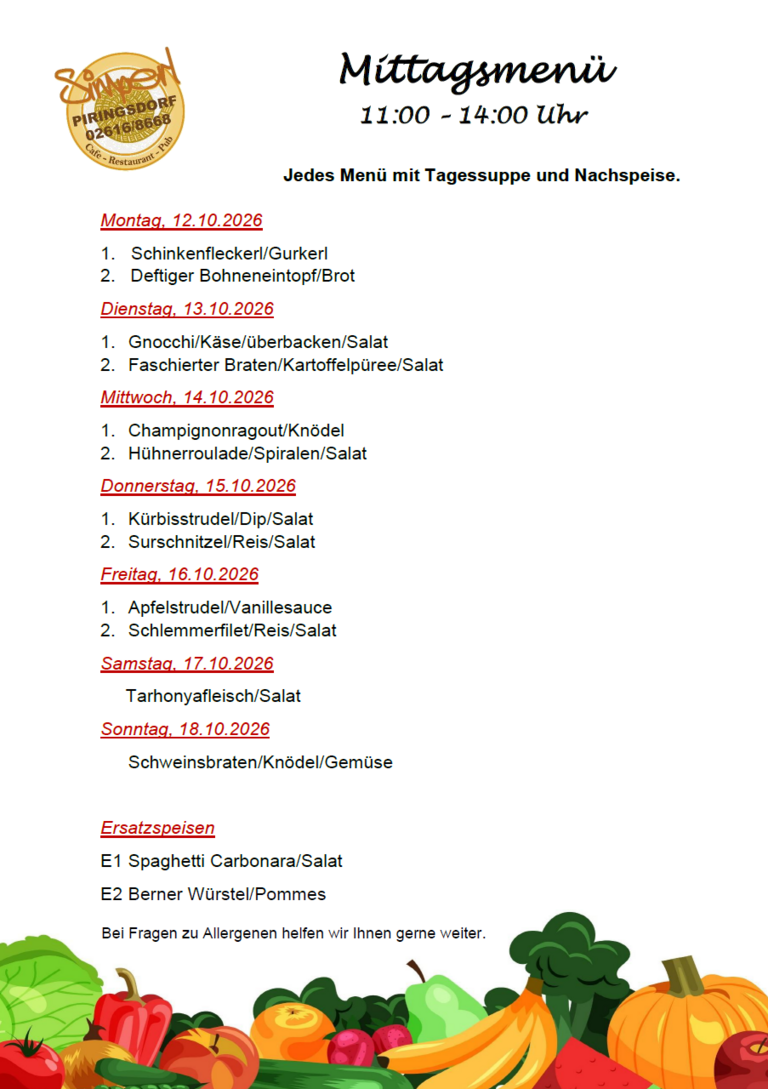 Mittagsmenü KW 42 - 12.10. bis 18.10.2026 Mittagsmenü KW 42 - 12.10. bis 18.10.2026