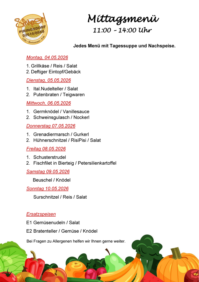 Wochenmenü 04.05. bis 10.05. 2026 Wochenmenü 04.05. bis 10.05. 2026