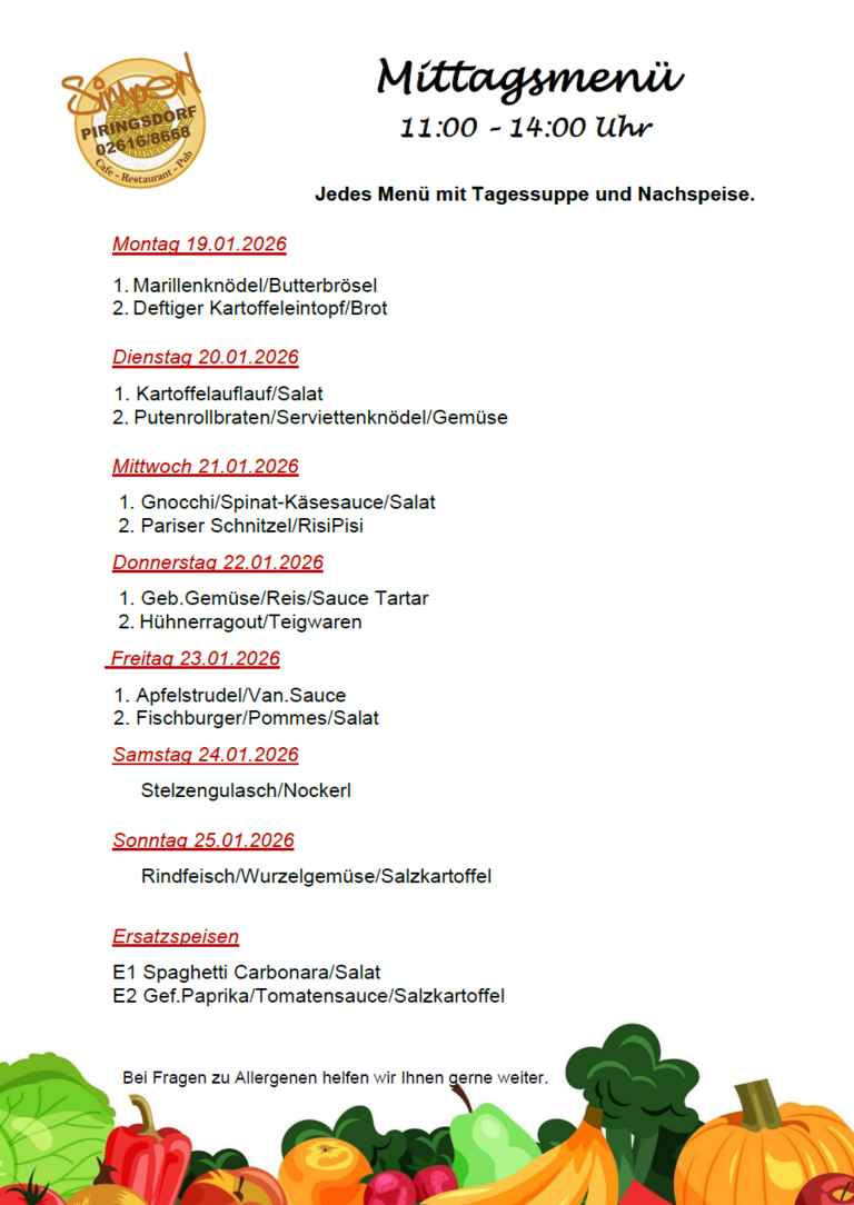 Mittagsmenü KW 4 - 19.01. bis 25.01.2026 Mittagsmenü KW 4 - 19.01. bis 25.01.2026