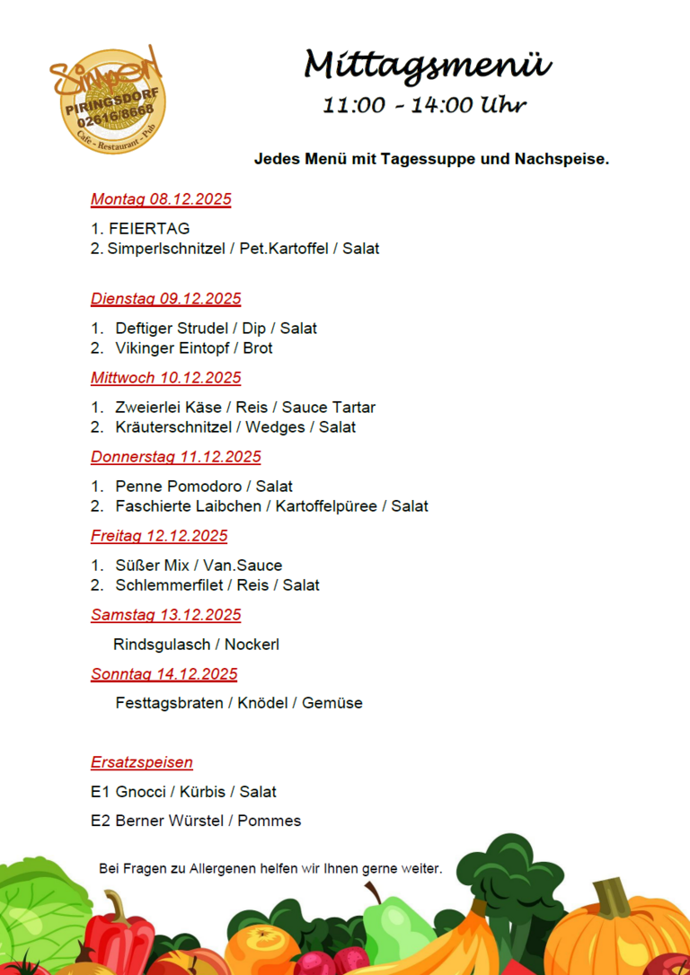 Mittagsmenü im Simperl für KW 50