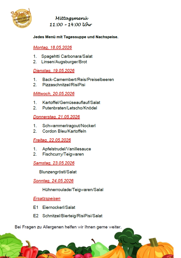 Wochenmenü 18.05. bis 24.05.2026 Wochenmenü 18.05. bis 24.05.2026