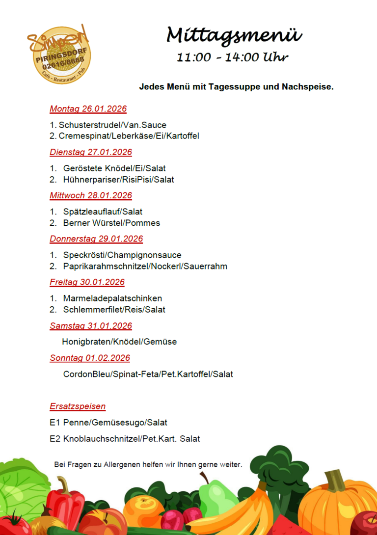 Mittagsmenü KW5 26.01 bis 01.02.2026 Mittagsmenü KW5 26.01 bis 01.02.2026