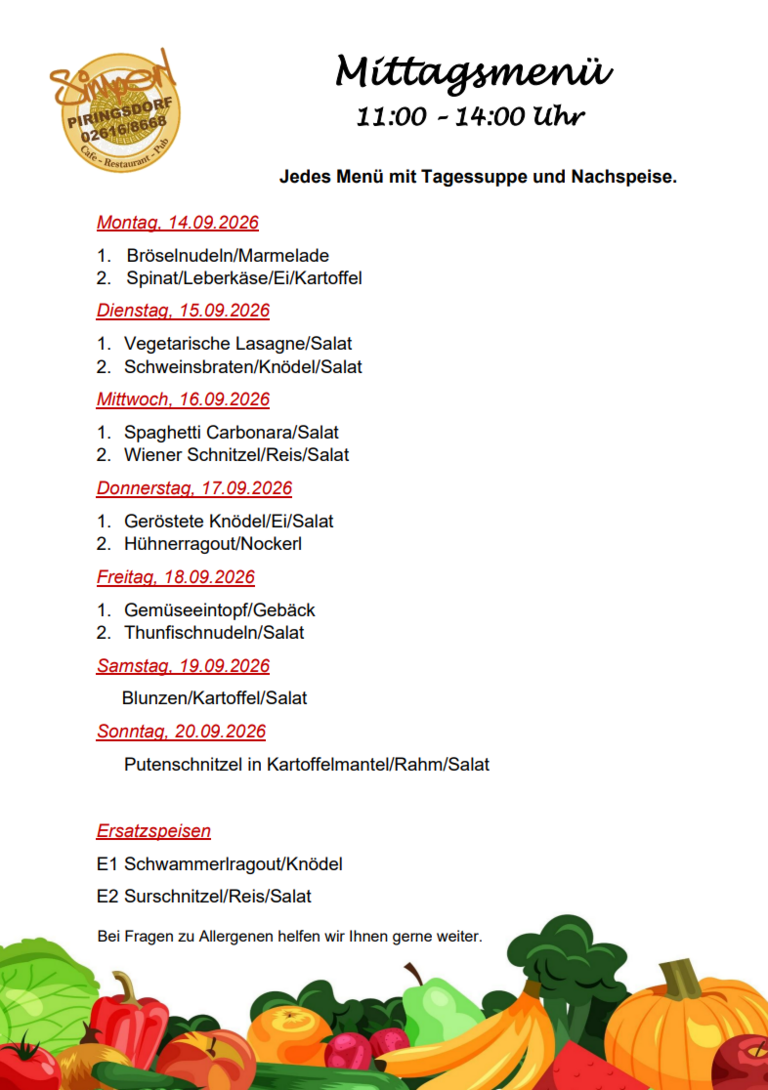 Mittagsmenü KW 38 - 14.09. bis 20.09.2026 Mittagsmenü KW 38 - 14.09. bis 20.09.2026