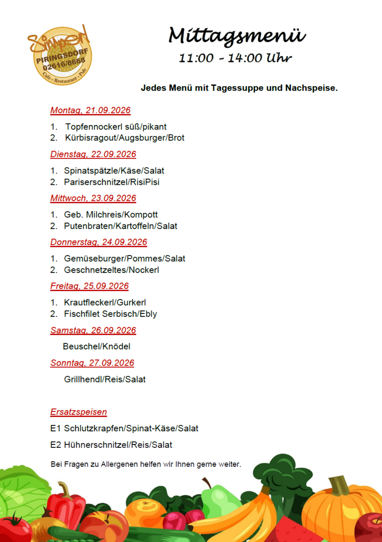 Mittagsmenü KW 39 - 21.09. bis 27.09.2026 Mittagsmenü KW 39 - 21.09. bis 27.09.2026